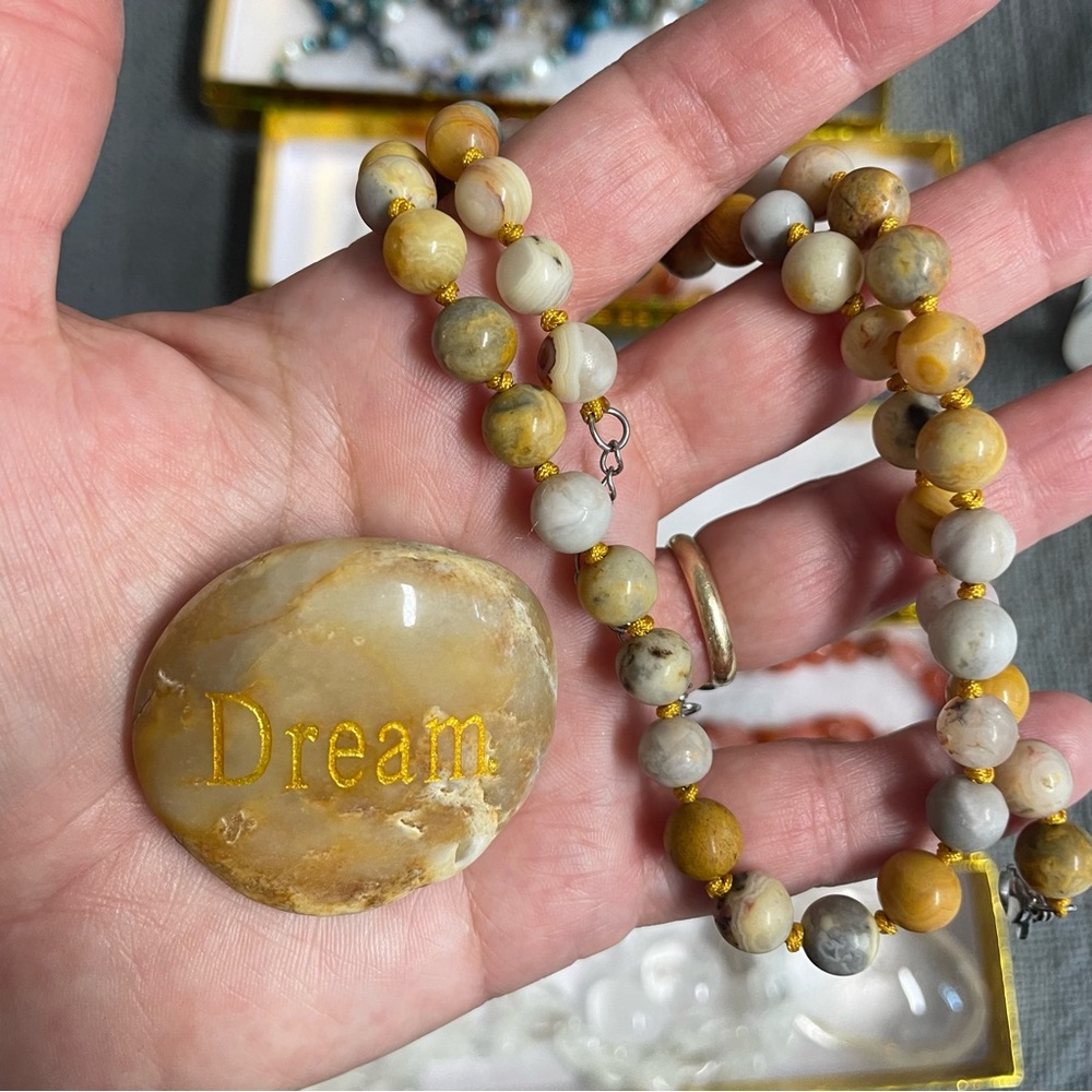 Crazy lace agate necklace 10 mm beads and pocket stone
